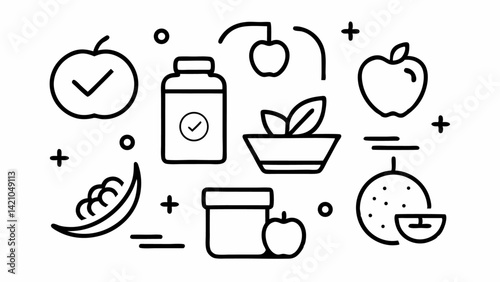 Editable vector icon set for nutrition and diet featuring clean, modern line art illustrations perfect for health-related apps, websites, and educational resources