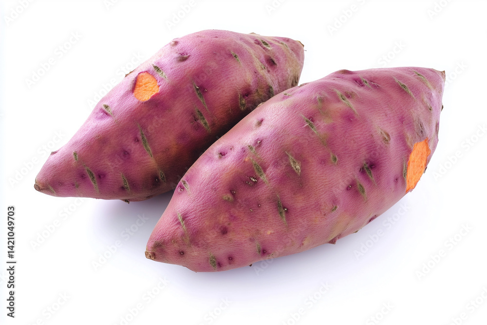 A close-up of a two fresh sweet potato, isolated on a white background A close-up of a two fresh sweet potato, isolated on a white background
