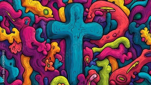 A colorful illustration features a cross surrounded by organic shapes