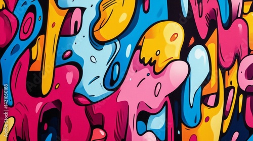 Abstract cartoonish art piece filled with vibrant colors and shapes