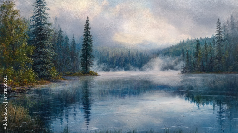 Serene lakeside landscape amidst misty mountains and towering evergreen trees Serene lakeside landscape amidst misty mountains and towering evergreen trees