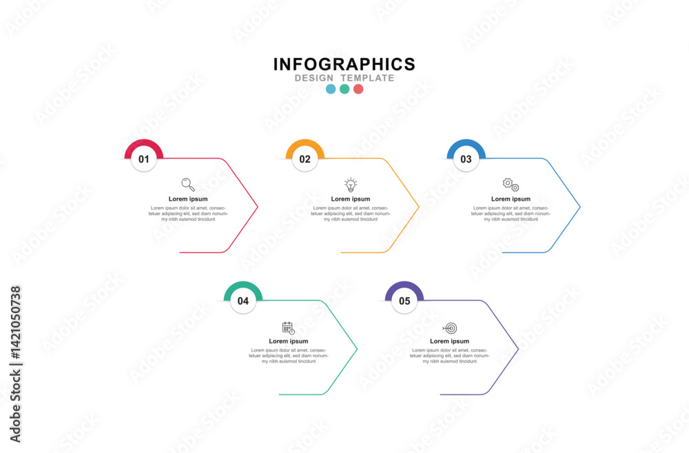 Modern template infographic with 5 step process and icons can be used for workflow, business information, presentation and data visualization