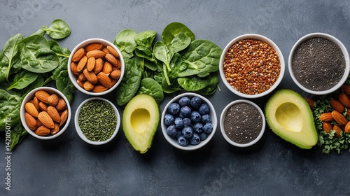 Healthy foods arranged in small bowls on a dark surface.