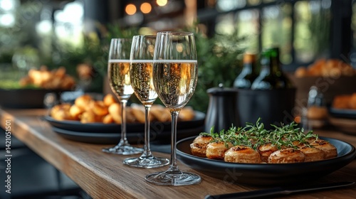 Elegant dining setup featuring sparkling drinks and gourmet appetizers in a vibrant restaurant