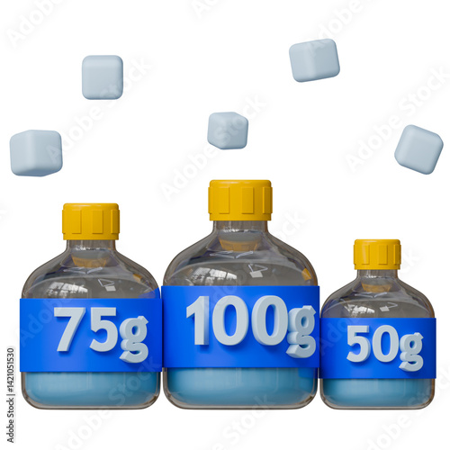 Clinical chemistry 3d illustration. Glucose solution bottles for glucose tolerance test in varying concentration. photo
