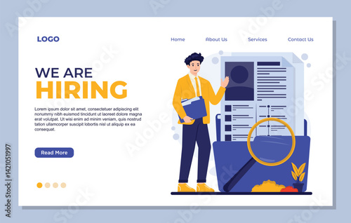 Landing page template Illustration of recruitment concept with HR manager analyzing candidate profiles for job vacancies in company