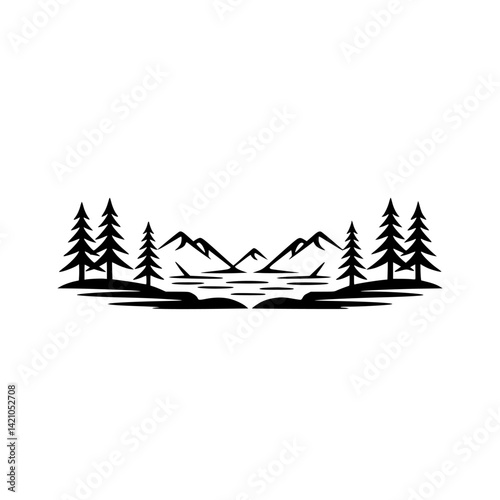 Minimalist Mountain Landscape Silhouette with Trees - Vector Illustration