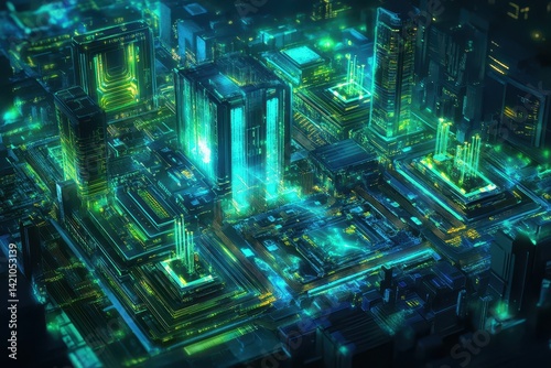 Futuristic city constructed from illuminated circuit boards.