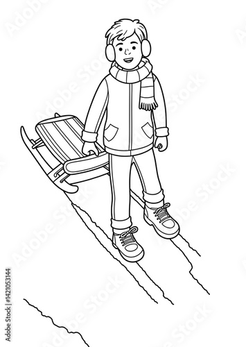 Boy with sled stands happily on snowy hill  