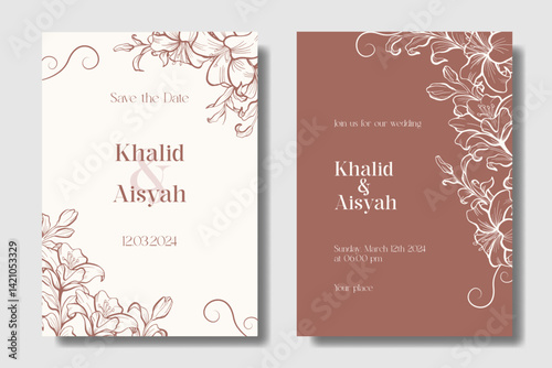 Template Elegant and Minimalist red boho Lily floral wedding invitation