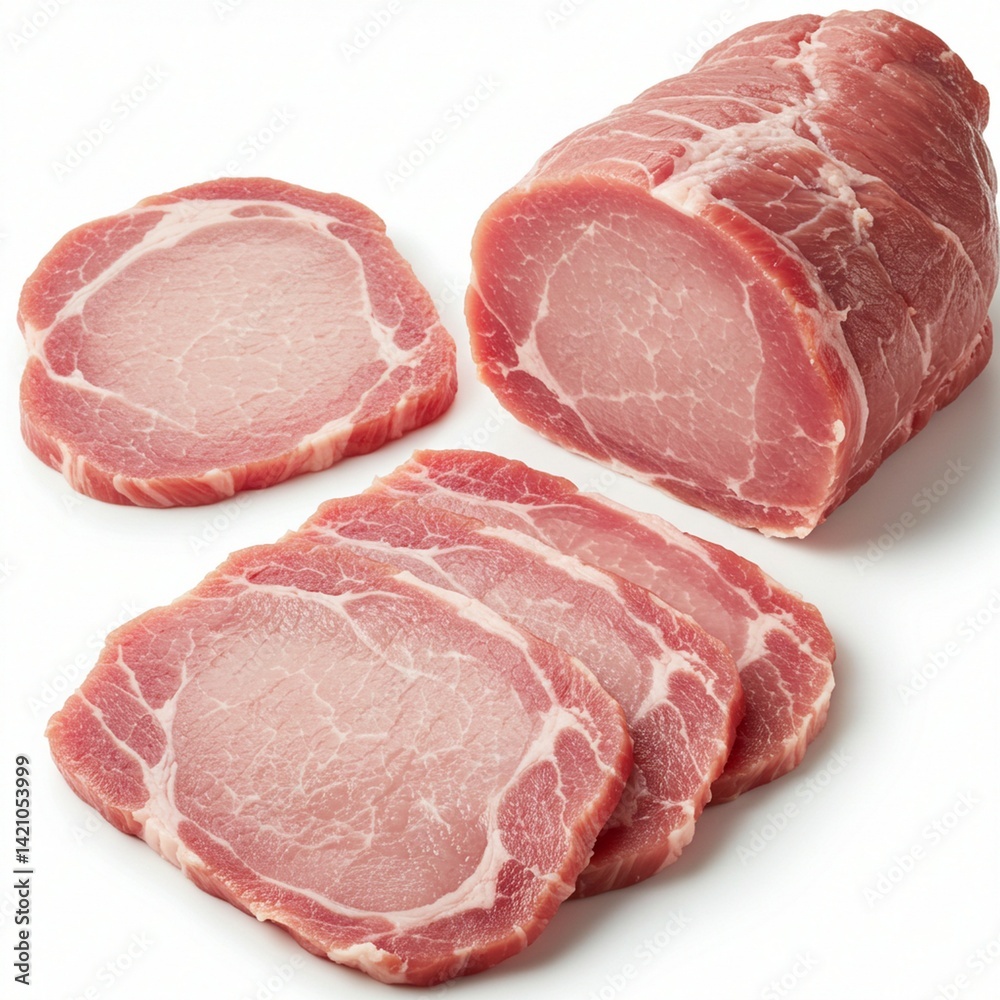 Fresh Pork Loin Slices and a Whole Roast Ready for Cooking Fresh Pork Loin Slices and a Whole Roast Ready for Cooking