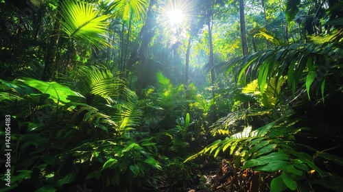 Lush tropical forest teeming with vibrant green foliage. photo