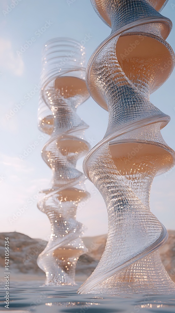 Naklejka premium Abstract twisting structures rise above a reflective surface, blending art and nature.