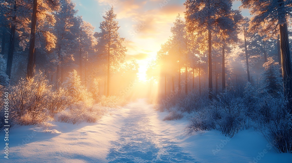 Naklejka premium Sun is setting behind trees in snow