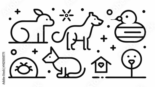 Pets and animals vector icon set with dogs, cats, pet care, and veterinary themes – editable line icons for animal clinics, websites, and pet-related content