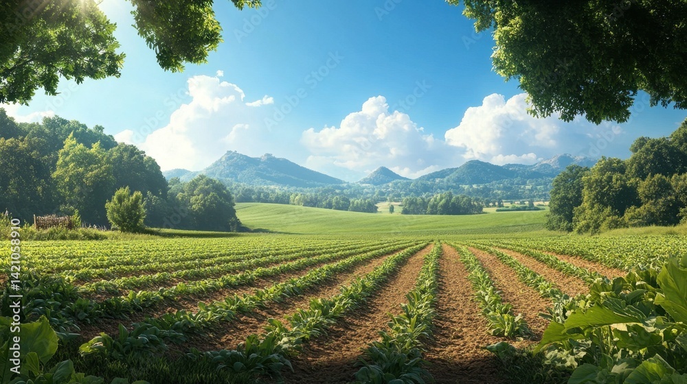 Farm landscape featuring lush sugar beet rows under the bright summer sun Farm landscape featuring lush sugar beet rows under the bright summer sun