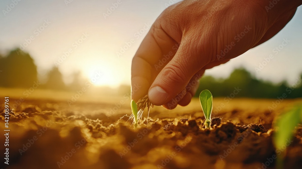 Fototapeta premium Farmer hand pressing yellow wheat grain into moist dirt, start of growth process