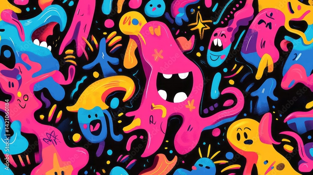 Obraz premium Abstract colorful cartoonish figures on a black background
