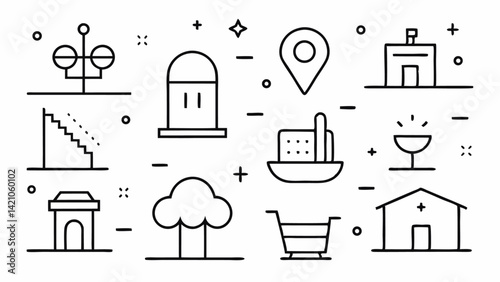 Public navigation editable icons set featuring directional tools, transportation signs, and interactive guidance