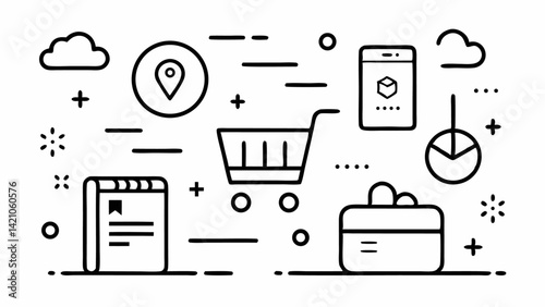 Line icons illustrating purchasing concepts, product checkout processes, and retail consumer interaction symbols