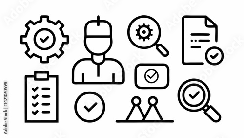 Editable icons representing quality control procedures, product standards, and production monitoring systems