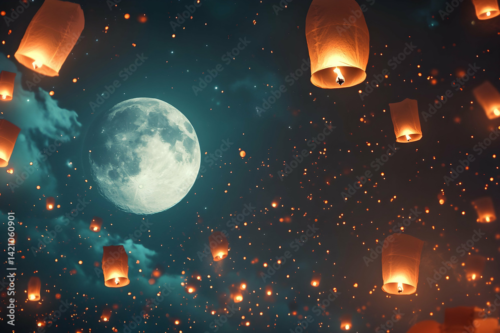 Fototapeta premium Lanterns released into a night sky under a full moon during Vesak, representing hope, prayer, and spiritual release.