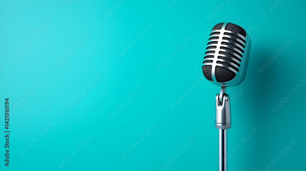 Fototapeta premium Vintage Silver Microphone on Teal Background