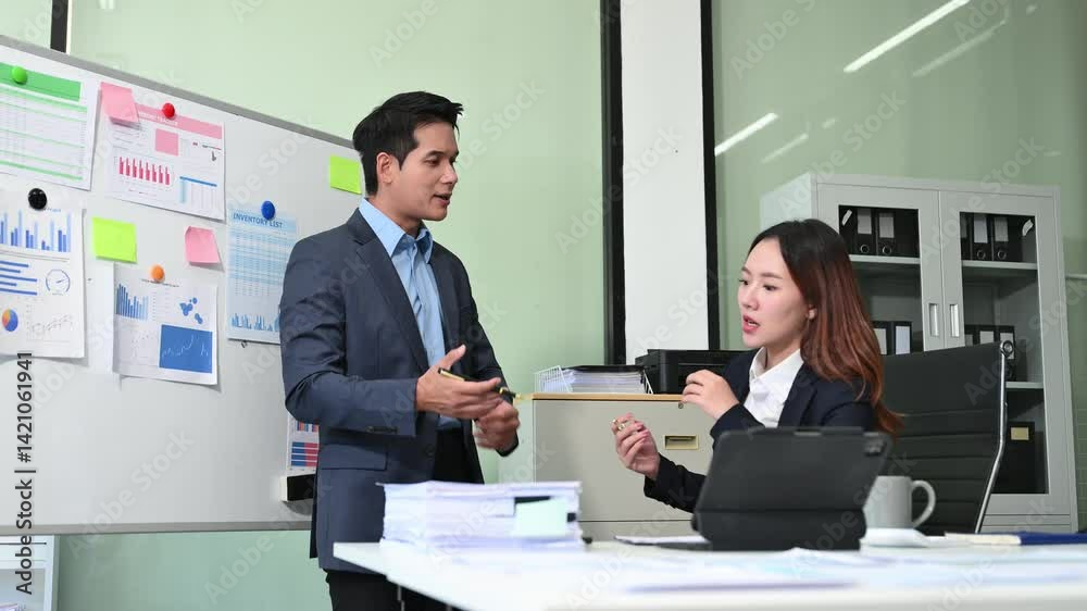 Portrait two asian business smile cheerful talk and holding tablet, computer and hands up happy with in agreement ready new Portrait two asian business smile cheerful talk and holding tablet, computer and hands up happy with in agreement ready new