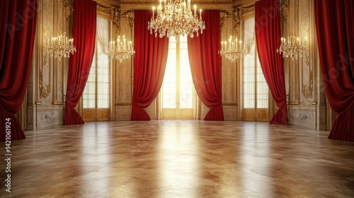 A Luxurious Ballroom Interior Featuring Elegant Chandeliers And Red Curtains
