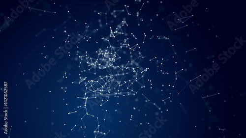 Blue Abstract plexus mesh background with chaotically connected points and polygons flying in space. Digital data network connections. Futuristic technology loop, Abstract Plexus Network Polygonal Nod