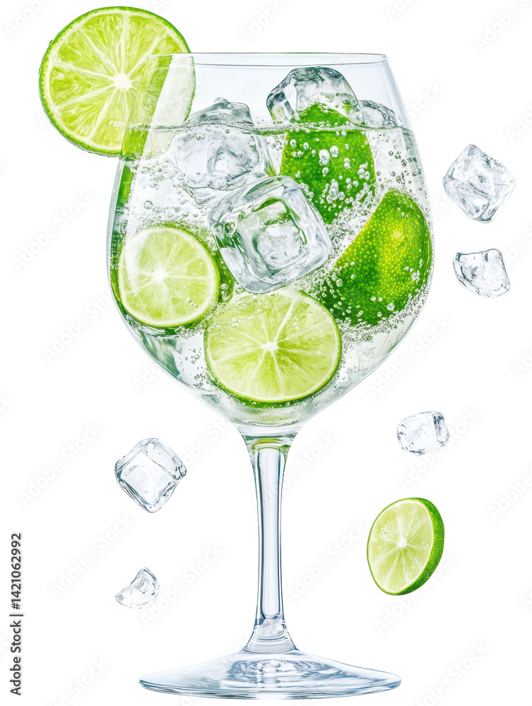 Refreshing Lime Gin and Tonic: A tall glass of gin and tonic, garnished with fresh lime wedges and ice cubes, perfectly captures the essence of a refreshing summer drink.