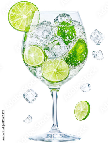 Obraz na płótnie Refreshing Lime Gin and Tonic: A tall glass of gin and tonic, garnished with fresh lime wedges and ice cubes, perfectly captures the essence of a refreshing summer drink. w salonie