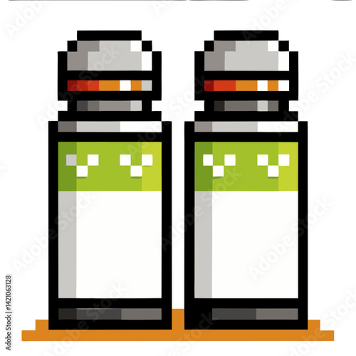 Simple pixel art rendering of salt and pepper shaker duo with clean design