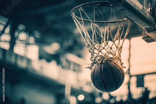 Basketball in hoop, dramatic indoor shot photo