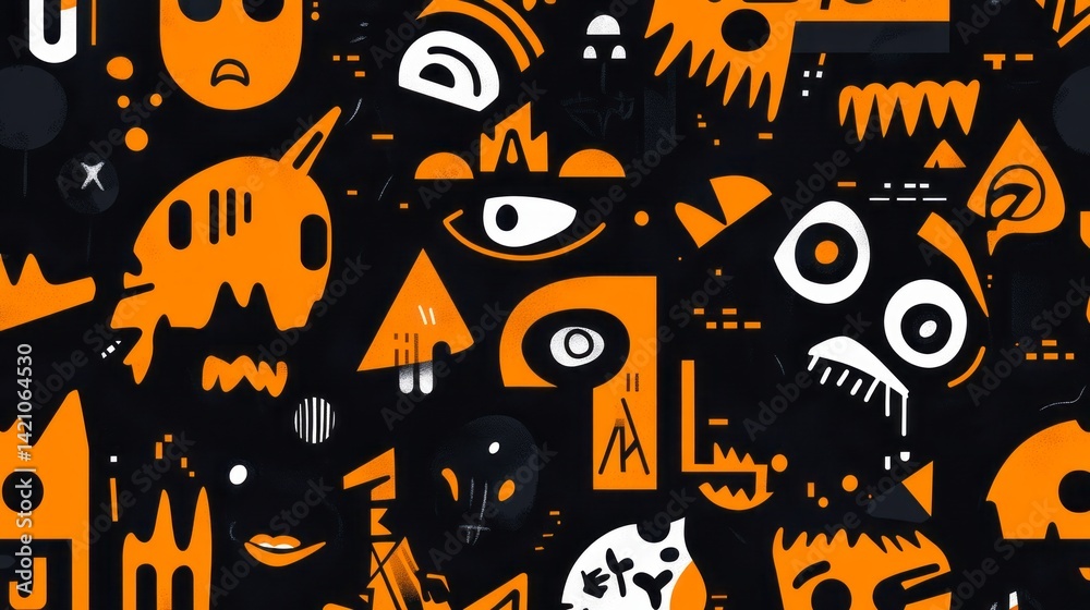 Abstract artwork displays multiple geometric shapes and spooky faces Abstract artwork displays multiple geometric shapes and spooky faces
