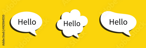 Hello welcome tag. Chat speech bubbles set. Hi invitation offer. Formal greetings message. Hello talk speech message. Talk box infographics. Vector .