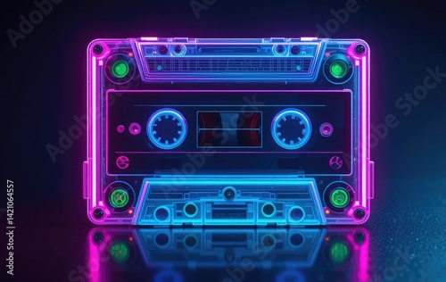 Neon Glowing Cassette Tape with 90s Retro Aesthetic and Music Nostalgia.