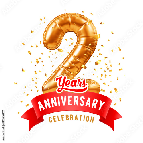 2nd Year anniversary, birthday celebration. 3D realistic golden balloon shaped number two and red ribbon with text, isolated on white background. Template for jubilee, gala event. Vector illustration