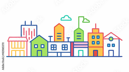 Colorful Line Icons of Urban Buildings Featuring Houses and Apartments for Modern Architecture and Real Estate Visual Presentations and Infographic Designs