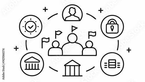Line Icons Set for Social Governance Featuring Community Structure Policy Management and Civic Engagement Themes for Infographics and Social Visuals