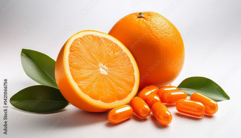 Fototapeta premium Fresh Orange Fruit with Capsules on Minimal White Background