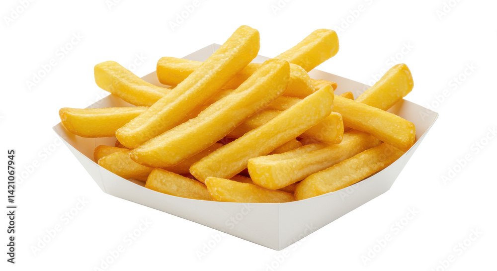A close up shot of a white tray filled with golden brown french fries on a black background studio shot A close up shot of a white tray filled with golden brown french fries on a black background studio shot