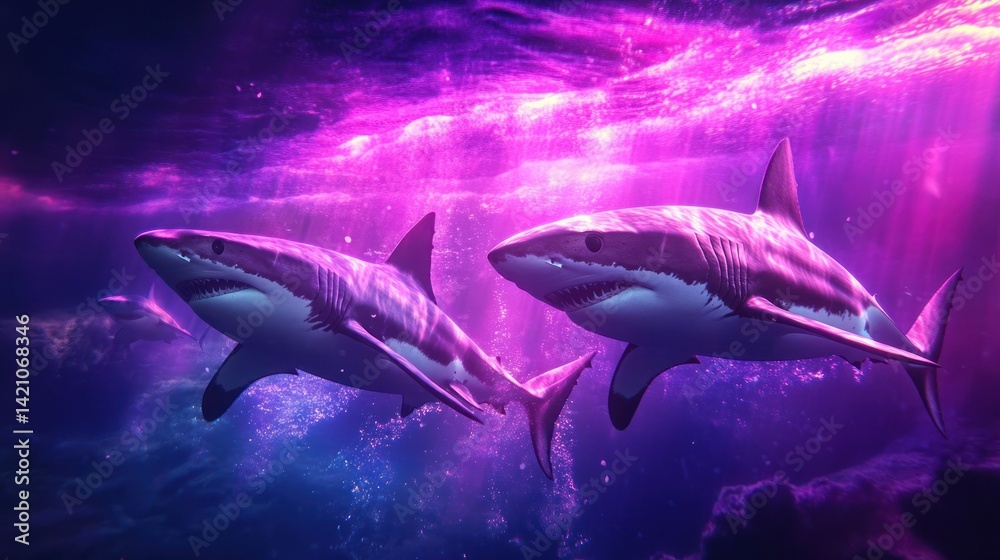Fototapeta premium Two great white sharks swim in purple-lit aquarium