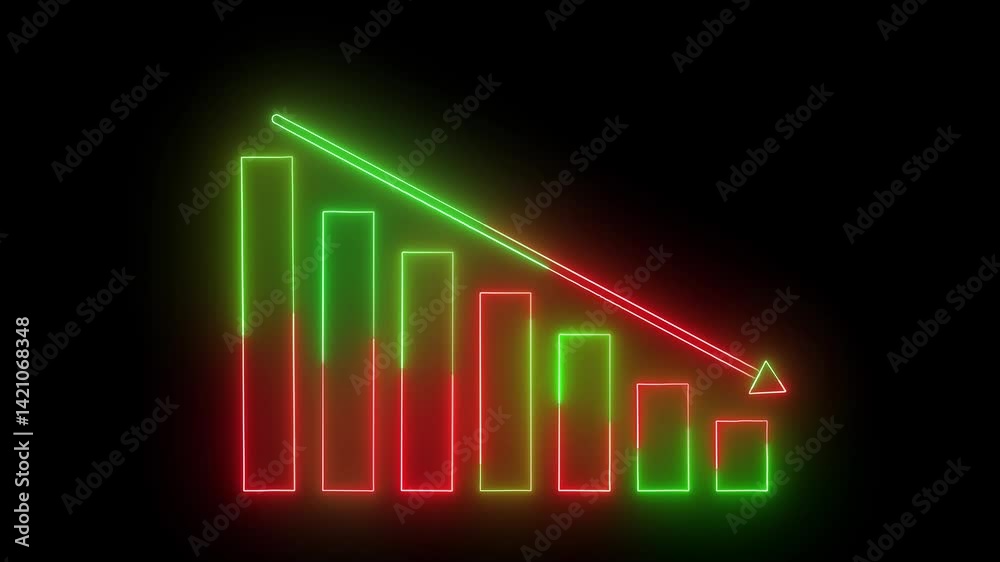 Neon glowing colorful business Arrow trend-down icon animation on a white background. Financial trend chart arrow. Neon glowing colorful business Arrow trend-down icon animation on a white background. Financial trend chart arrow.