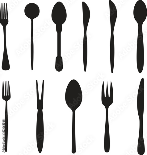 Spoon, Knife, Fork vector silhouette icon set, dinning table essentials clipart design