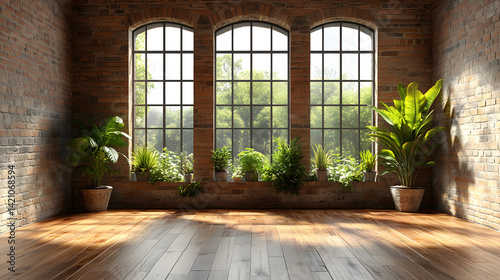 Sunlit room with indoor plants and rustic windows