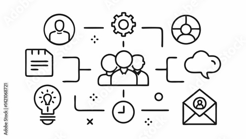 Editable vector icon set focused on teamwork illustrated in line art featuring group collaboration project planning leadership coordination and staff synergy