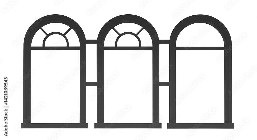 Ornate trio of arched window frames offering glimpse into boundless possibility