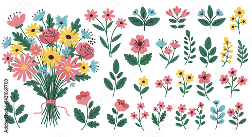 A bright flower arrangement and various floral sprigs in a whimsical illustration style