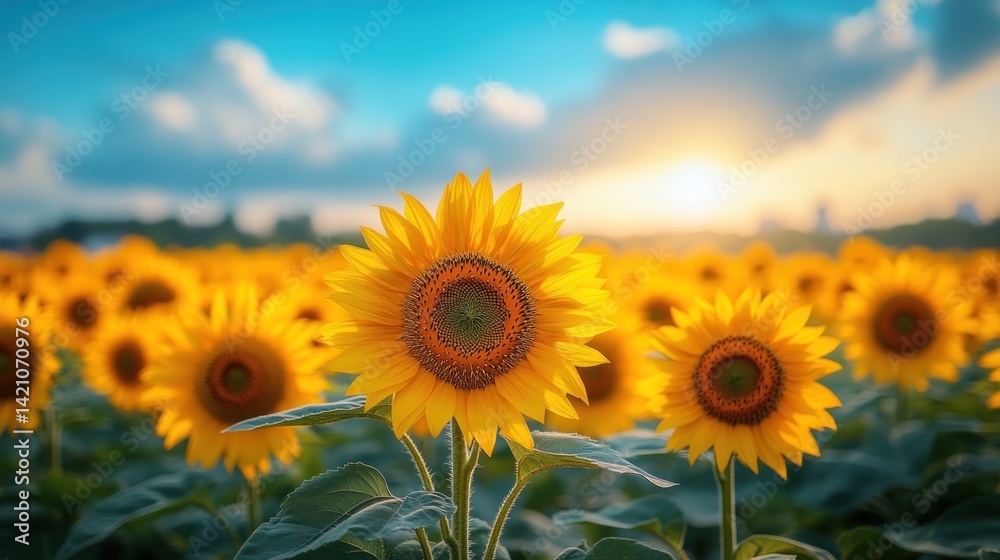 Fototapeta premium Sunflowers at Sunset: A Vibrant Field of Golden Blooms